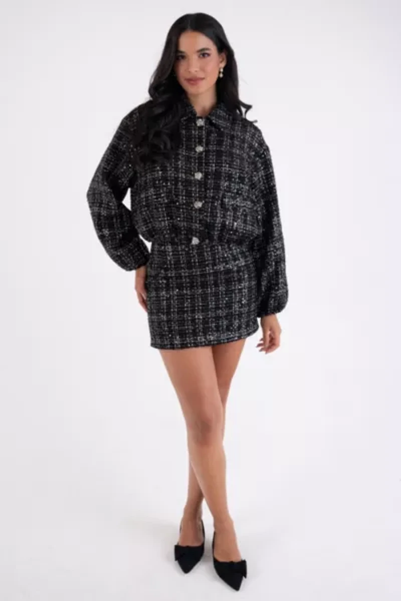 Amy Lynn Janette Sequin Tweed Mini Skirt