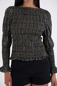 Amy Lynn Iris Pure Cotton Plaid Smocked Top