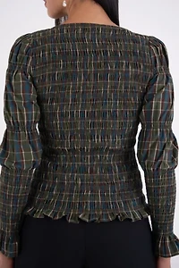 Amy Lynn Iris Pure Cotton Plaid Smocked Top