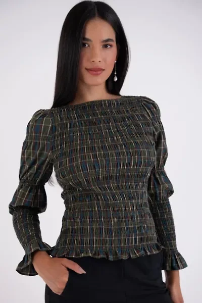 Amy Lynn Iris Pure Cotton Plaid Smocked Top