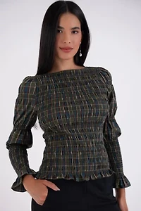 Amy Lynn Iris Pure Cotton Plaid Smocked Top