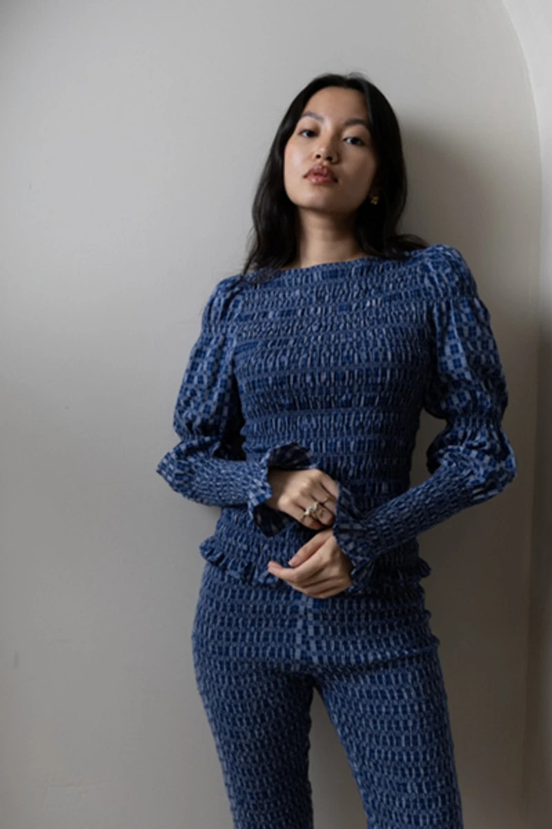 Amy Lynn Iris Pure Cotton Plaid Smocked Top
