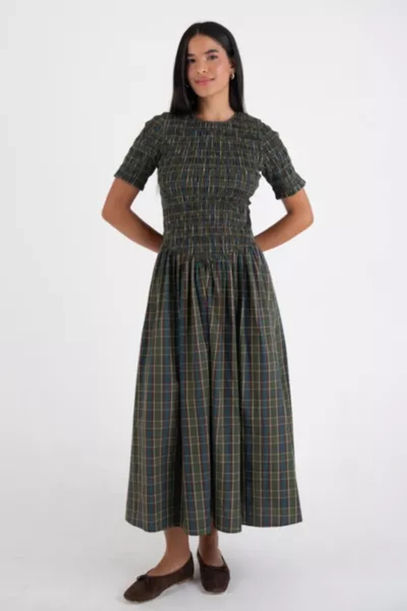 Amy Lynn Beatrix Pure Cotton Smocked Plaid Midi Dress