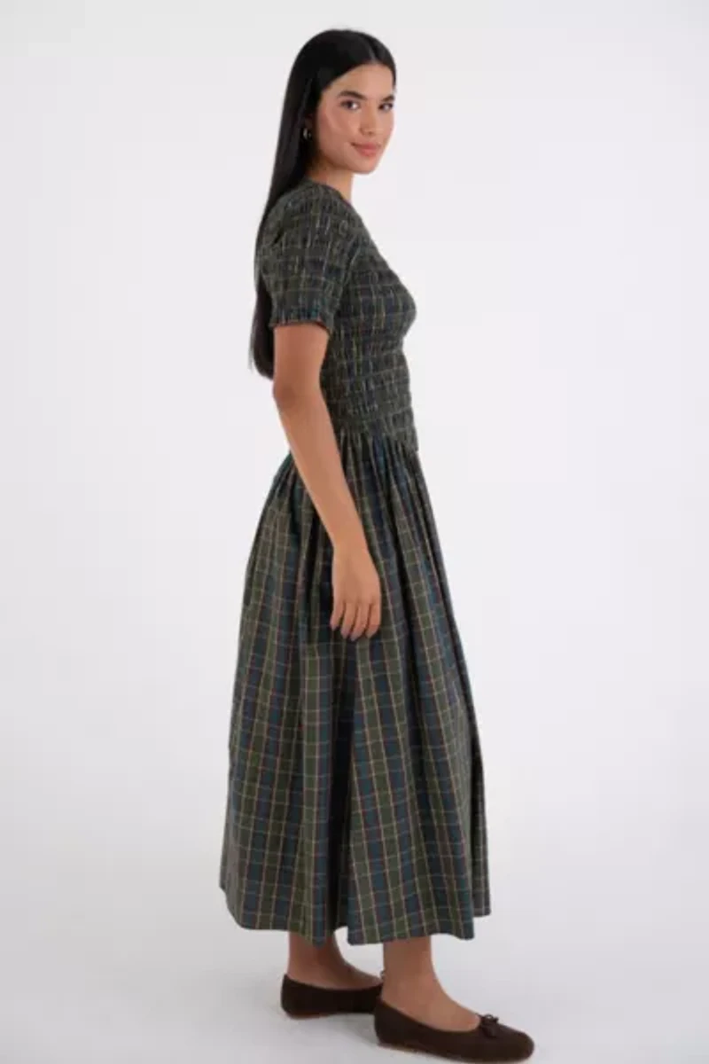 Amy Lynn Beatrix Pure Cotton Smocked Plaid Midi Dress