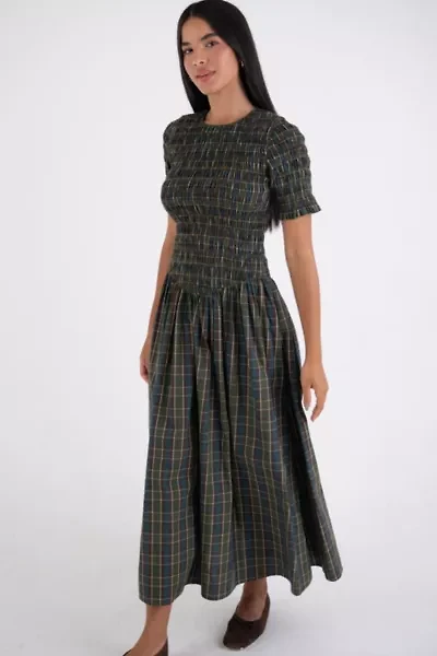 Amy Lynn Beatrix Pure Cotton Smocked Plaid Midi Dress