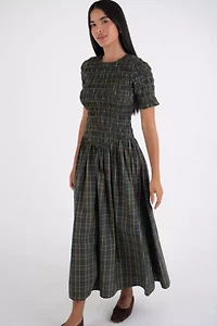 Amy Lynn Beatrix Pure Cotton Smocked Plaid Midi Dress