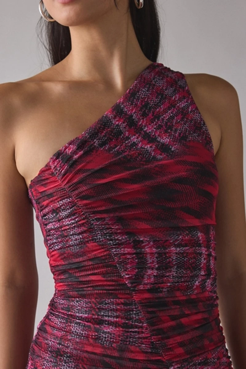 AFRM Emery One-Shoulder Ruched Mesh Bodycon Mini Dress