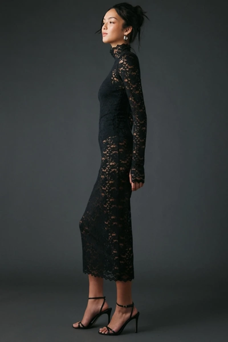 AFRM Joysel Sheer Lace High Neck Long Sleeve Midi Dress