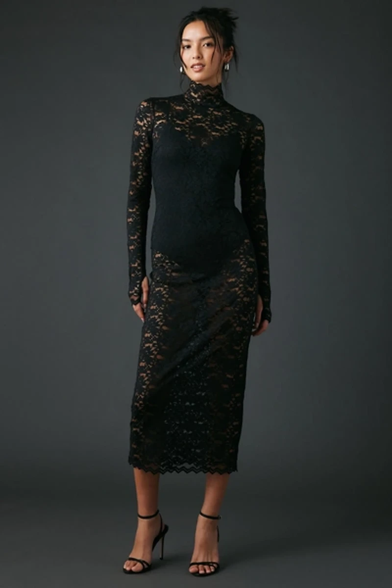 AFRM Joysel Sheer Lace High Neck Long Sleeve Midi Dress