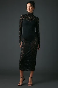 AFRM Joysel Sheer Lace High Neck Long Sleeve Midi Dress