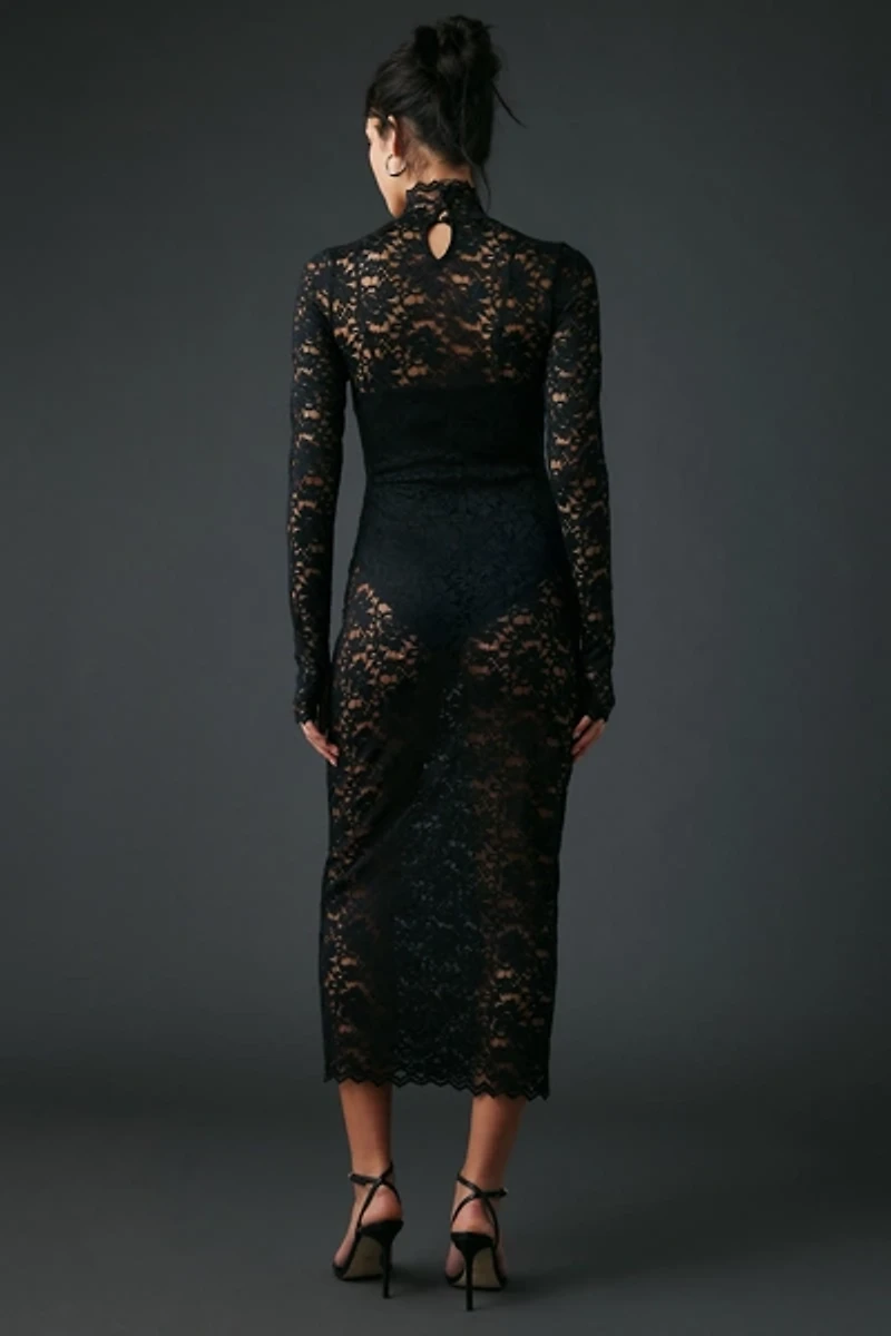 AFRM Joysel Sheer Lace High Neck Long Sleeve Midi Dress