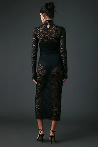 AFRM Joysel Sheer Lace High Neck Long Sleeve Midi Dress