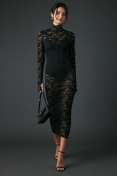 AFRM Joysel Sheer Lace High Neck Long Sleeve Midi Dress