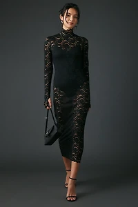 AFRM Joysel Sheer Lace High Neck Long Sleeve Midi Dress