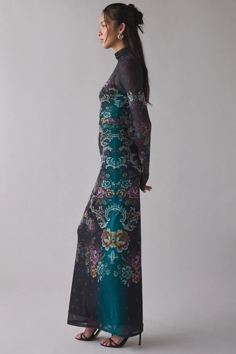 AFRM Billie Sheer Mesh Turtleneck Long Sleeve Maxi Dress