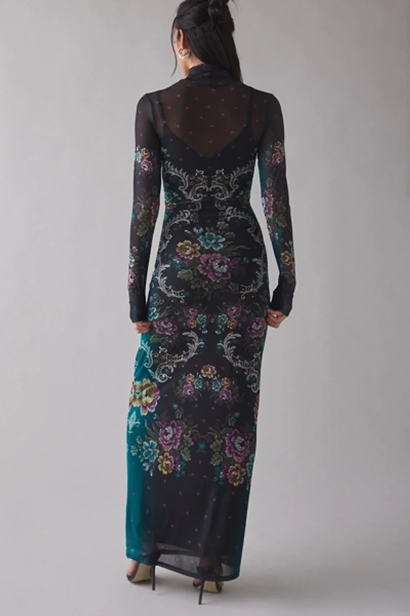 AFRM Billie Sheer Mesh Turtleneck Long Sleeve Maxi Dress