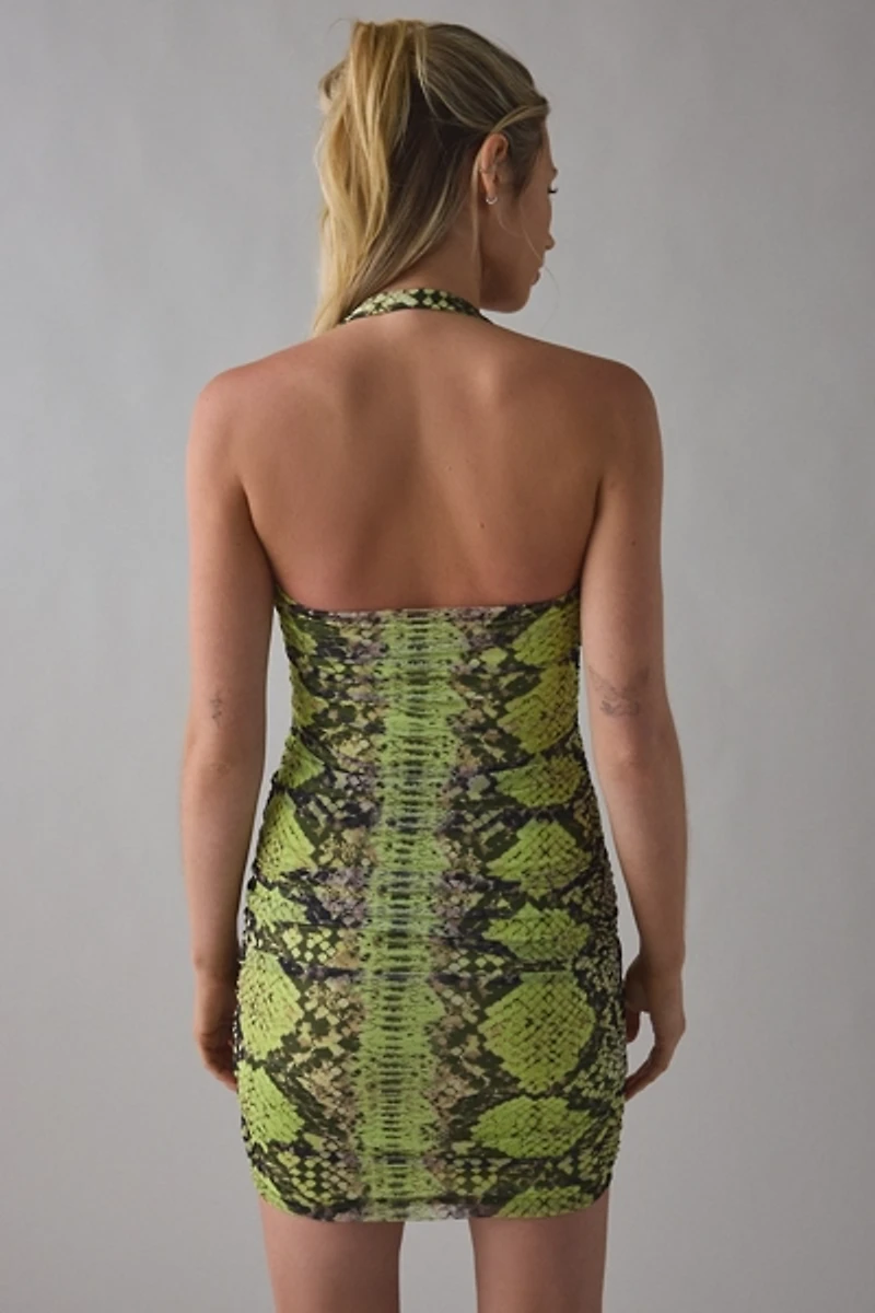 AFRM Bonnie Snakeskin Print Mesh Ruched Bodycon Mini Dress