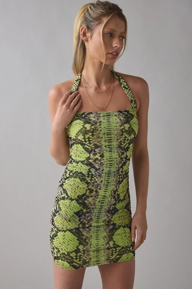 AFRM Bonnie Snakeskin Print Mesh Ruched Bodycon Mini Dress