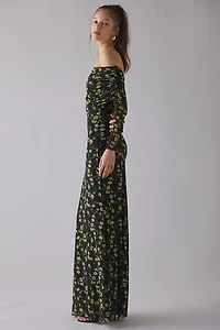 AFRM Thelma Black Floral Mesh Off-The-Shoulder Long Sleeve Maxi Dress