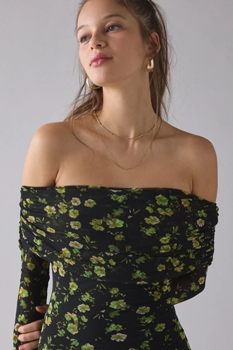 AFRM Thelma Black Floral Mesh Off-The-Shoulder Long Sleeve Maxi Dress