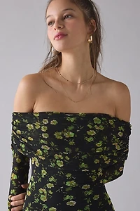 AFRM Thelma Black Floral Mesh Off-The-Shoulder Long Sleeve Maxi Dress