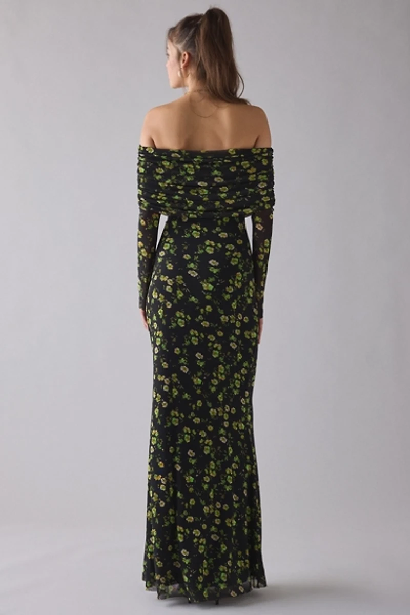 AFRM Thelma Black Floral Mesh Off-The-Shoulder Long Sleeve Maxi Dress