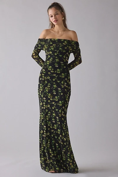 AFRM Thelma Black Floral Mesh Off-The-Shoulder Long Sleeve Maxi Dress