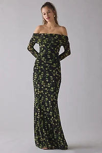 AFRM Thelma Black Floral Mesh Off-The-Shoulder Long Sleeve Maxi Dress