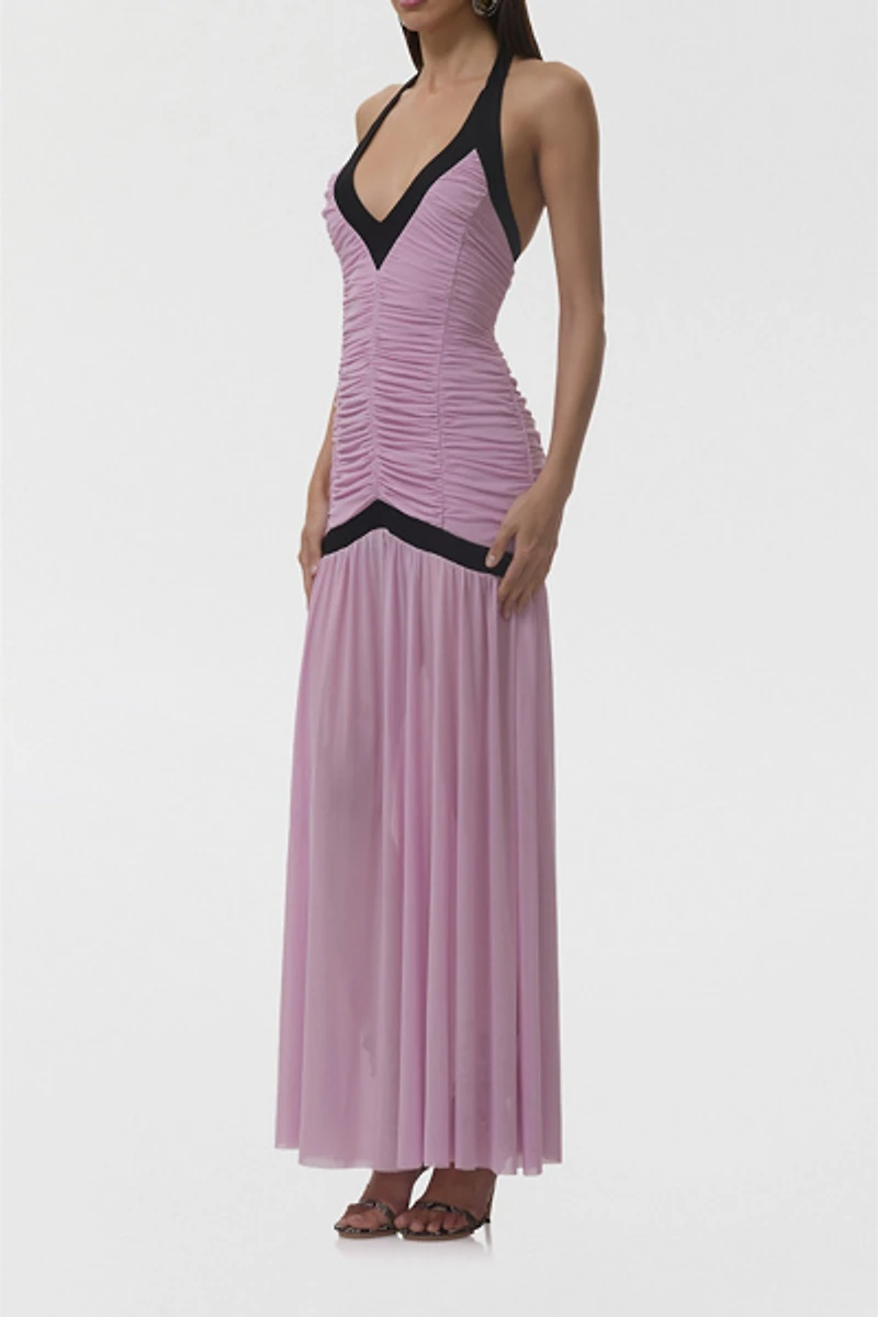 AFRM Melissa Orchid Bouquet Shirred Halter Neck Maxi Dress