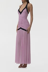 AFRM Melissa Orchid Bouquet Shirred Halter Neck Maxi Dress