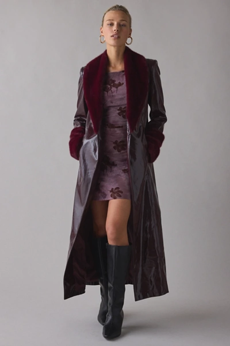 BY.DYLN Tamara Faux Fur Trim Coated Leather Trench Coat