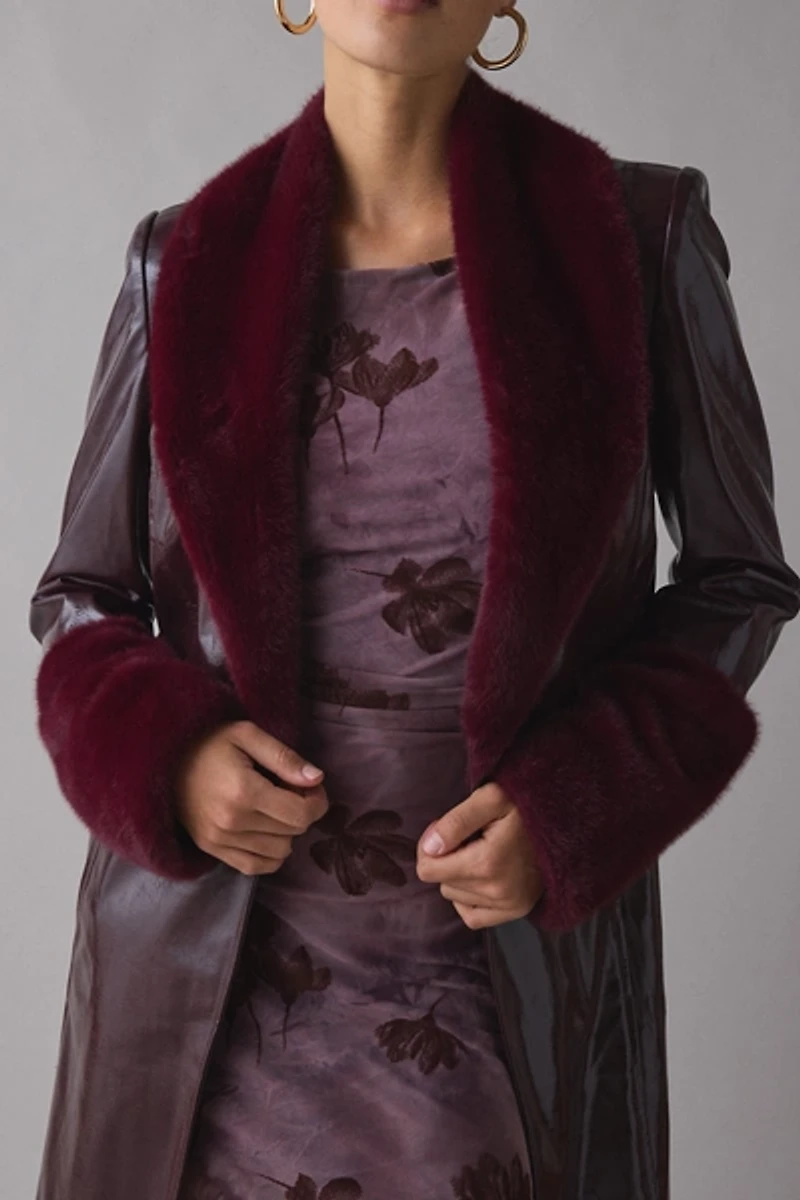 BY.DYLN Tamara Faux Fur Trim Coated Leather Trench Coat