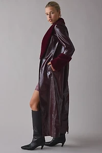 BY.DYLN Tamara Faux Fur Trim Coated Leather Trench Coat