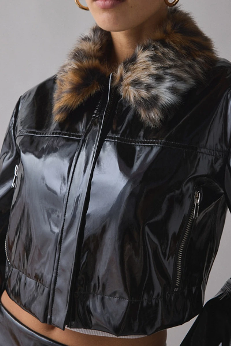 BY.DYLN Lenni Cropped Faux Fur Trim Coated Leather Jacket