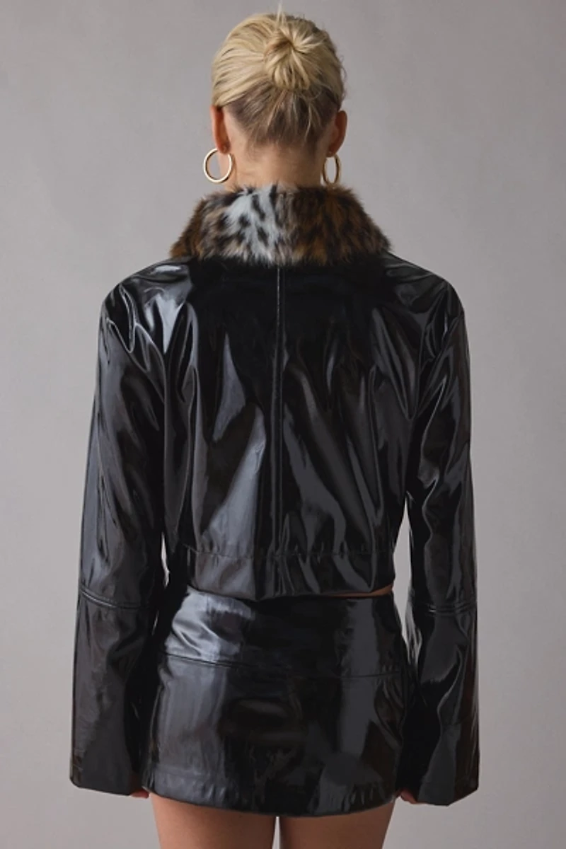 BY.DYLN Lenni Cropped Faux Fur Trim Coated Leather Jacket