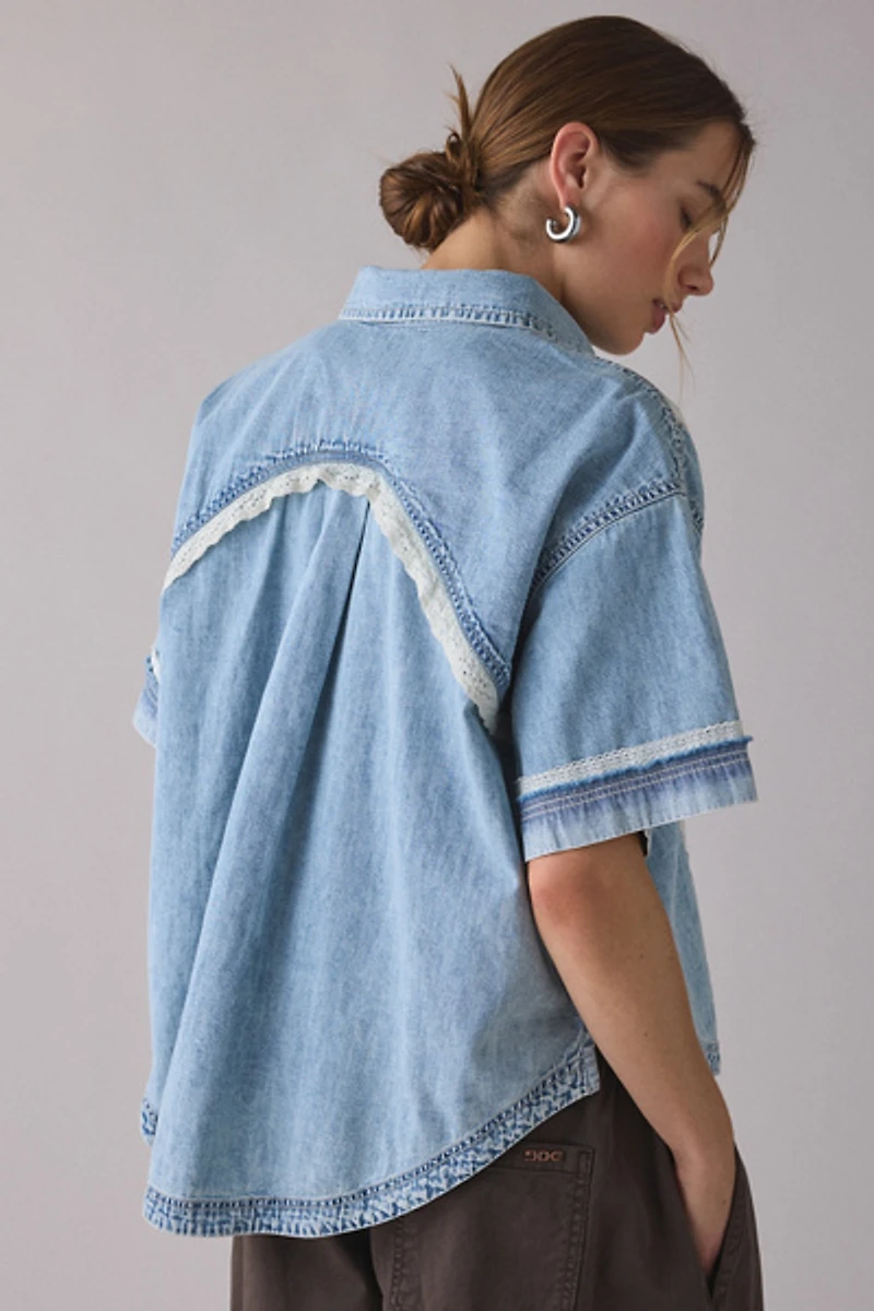 BDG Caught The Feeling Lace + Denim Short Sleeve Button-Up Shirt
