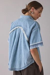 BDG Caught The Feeling Lace + Denim Short Sleeve Button-Up Shirt