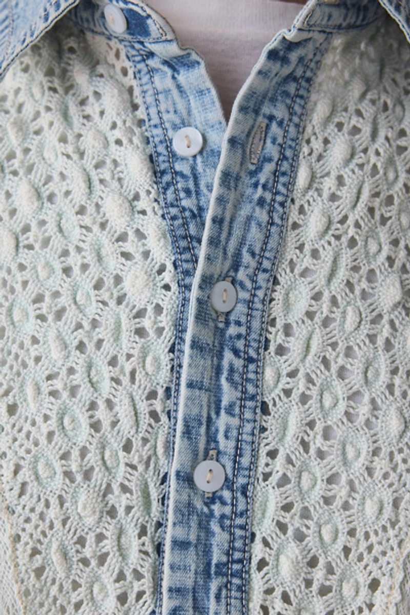 BDG Caught The Feeling Lace + Denim Short Sleeve Button-Up Shirt