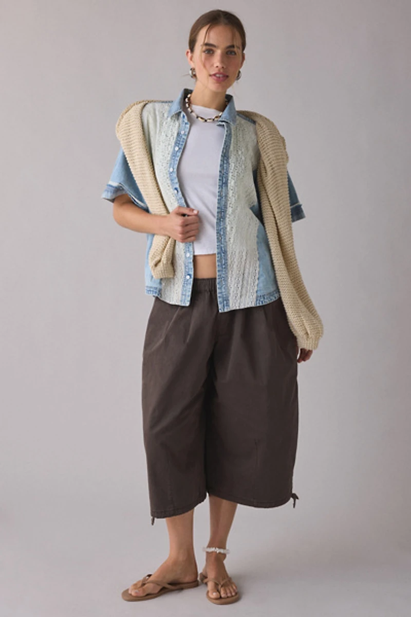 BDG Caught The Feeling Lace + Denim Short Sleeve Button-Up Shirt