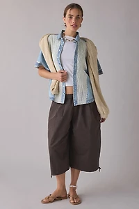 BDG Caught The Feeling Lace + Denim Short Sleeve Button-Up Shirt