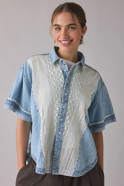 BDG Caught The Feeling Lace + Denim Short Sleeve Button-Up Shirt