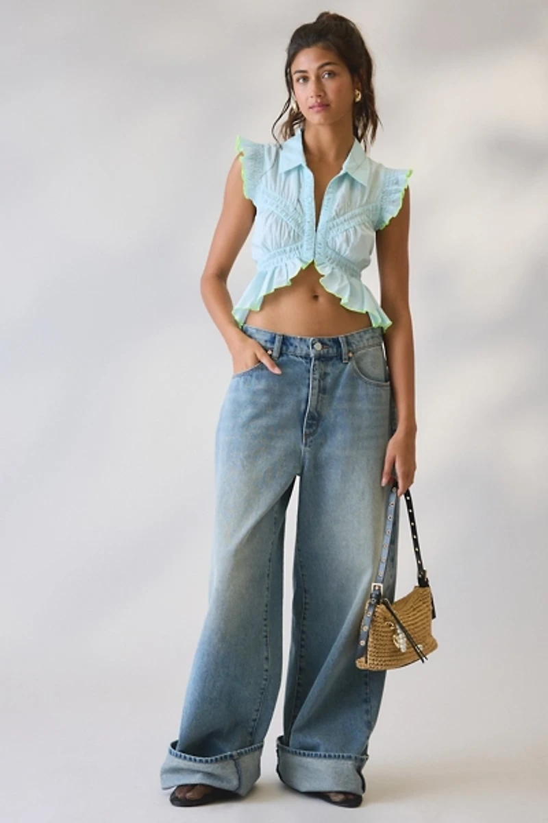 BDG Gather Around Ruffle High-Low Peplum Shirt