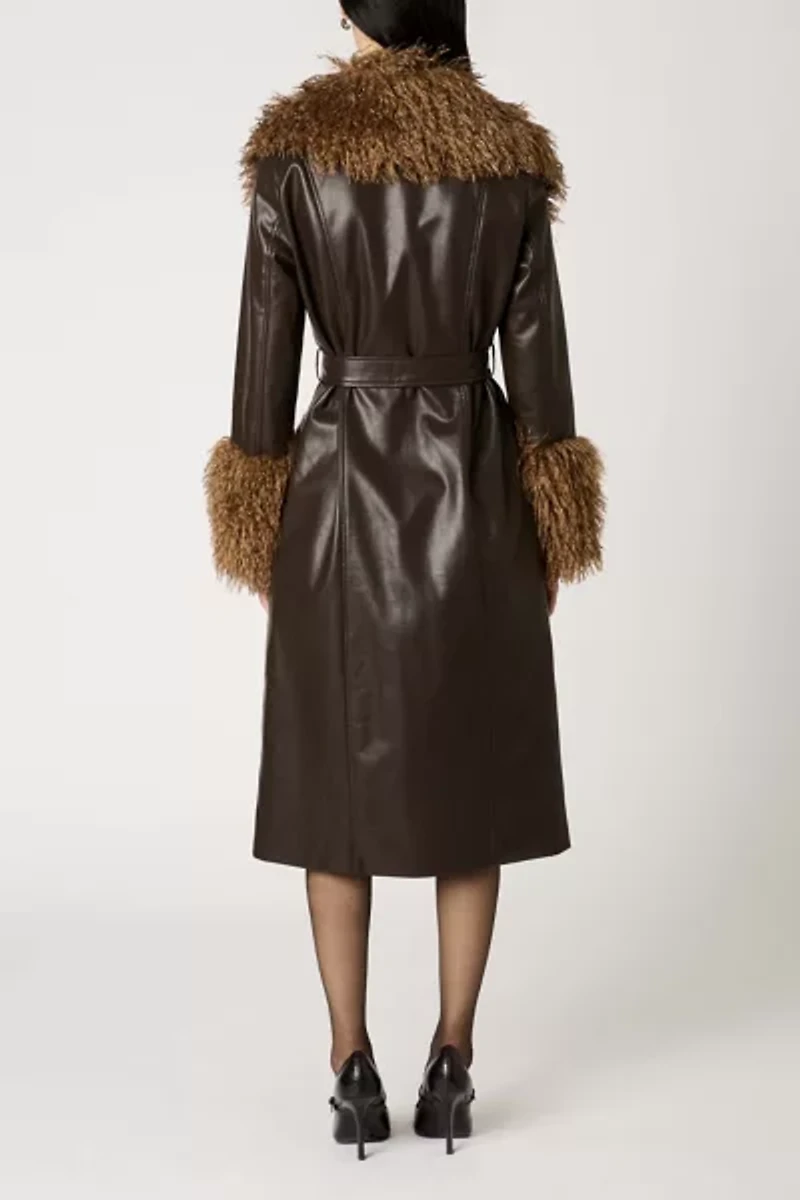 NIA Orla Espresso Faux Leather Mid-Length Fur Trim Jacket