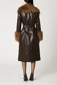 NIA Orla Espresso Faux Leather Mid-Length Fur Trim Jacket