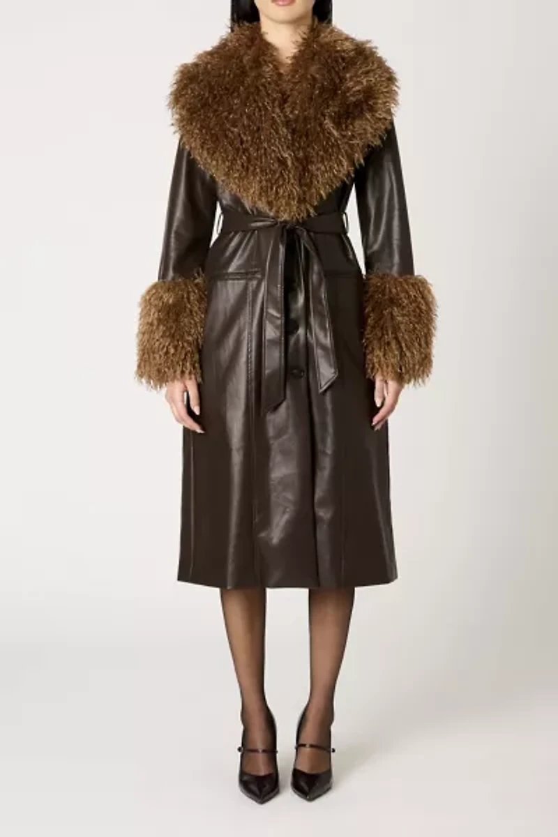 NIA Orla Espresso Faux Leather Mid-Length Fur Trim Jacket