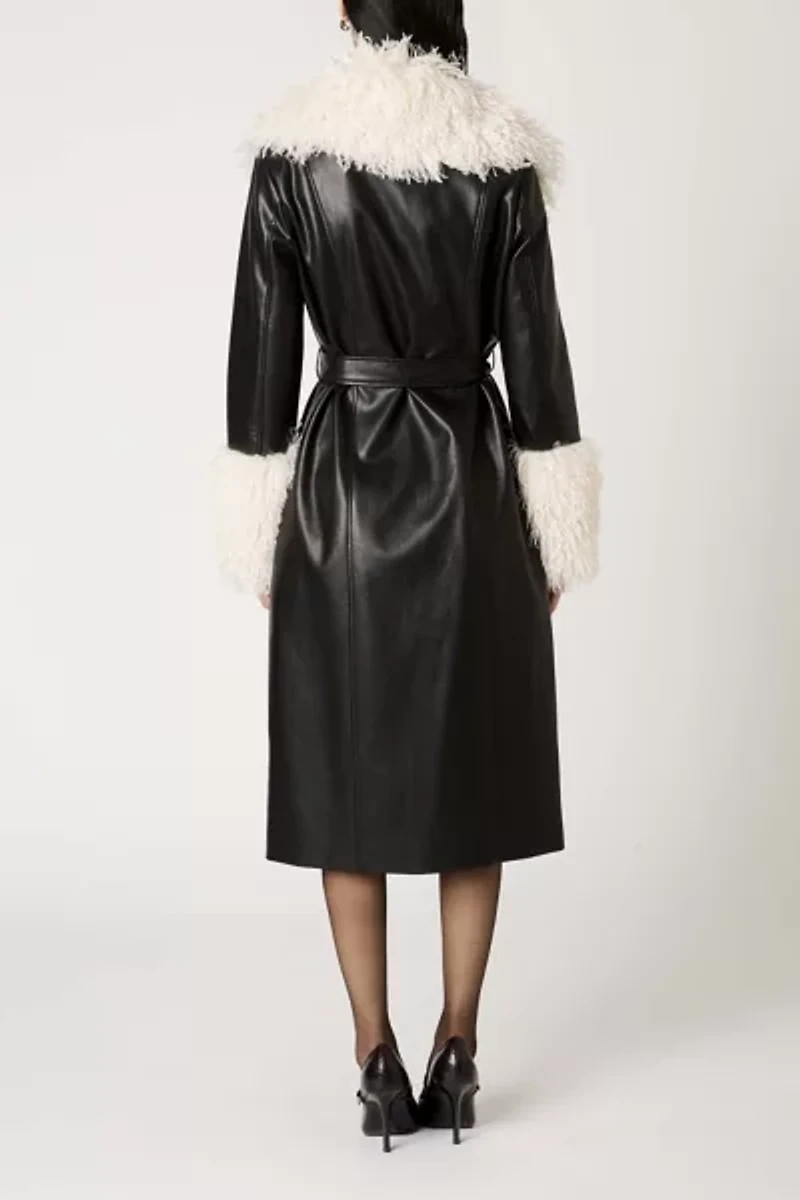 NIA Orla Black Faux Leather Mid-Length Fur Trim Jacket