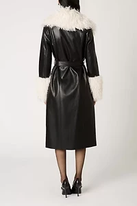 NIA Orla Black Faux Leather Mid-Length Fur Trim Jacket