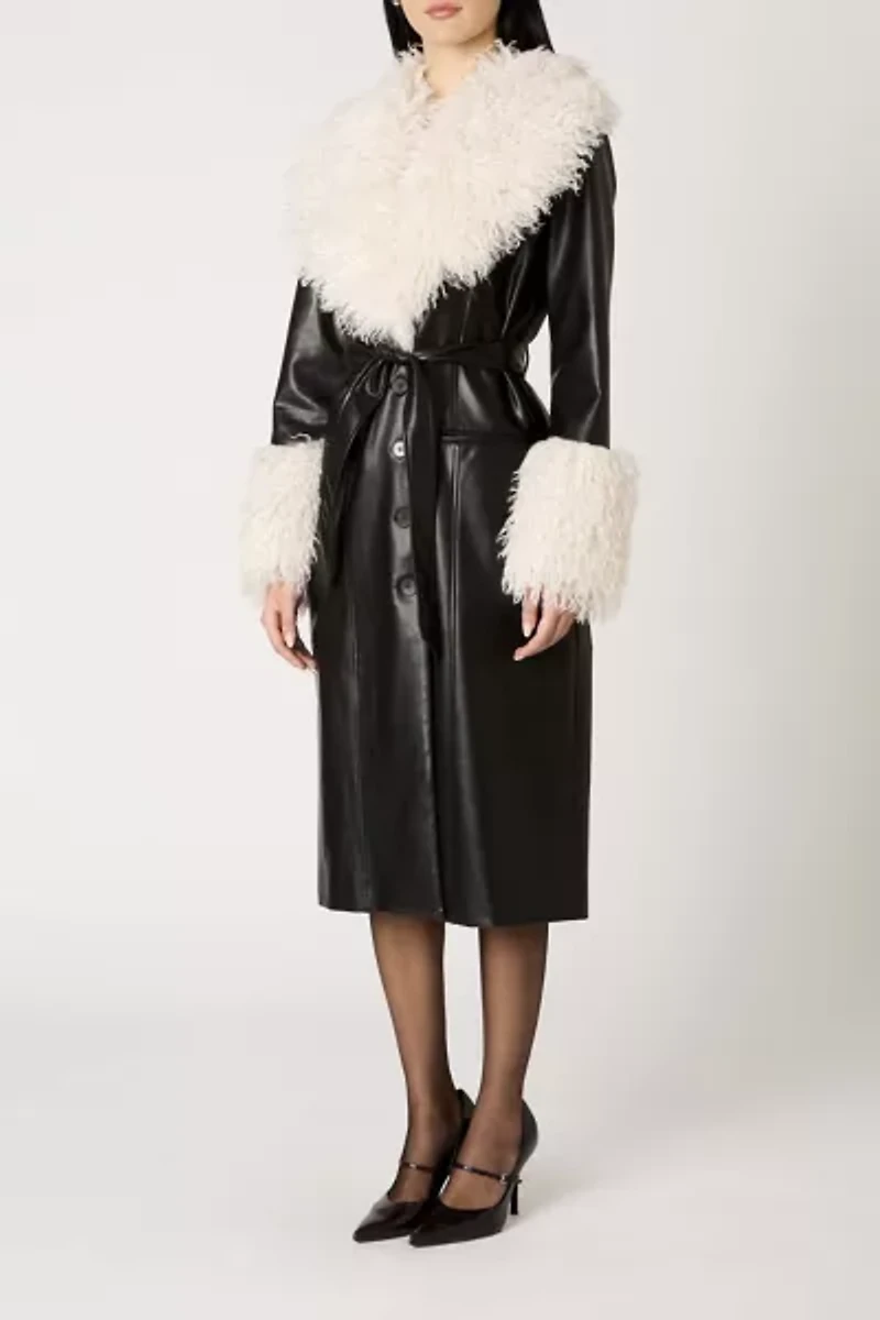 NIA Orla Black Faux Leather Mid-Length Fur Trim Jacket