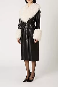NIA Orla Black Faux Leather Mid-Length Fur Trim Jacket