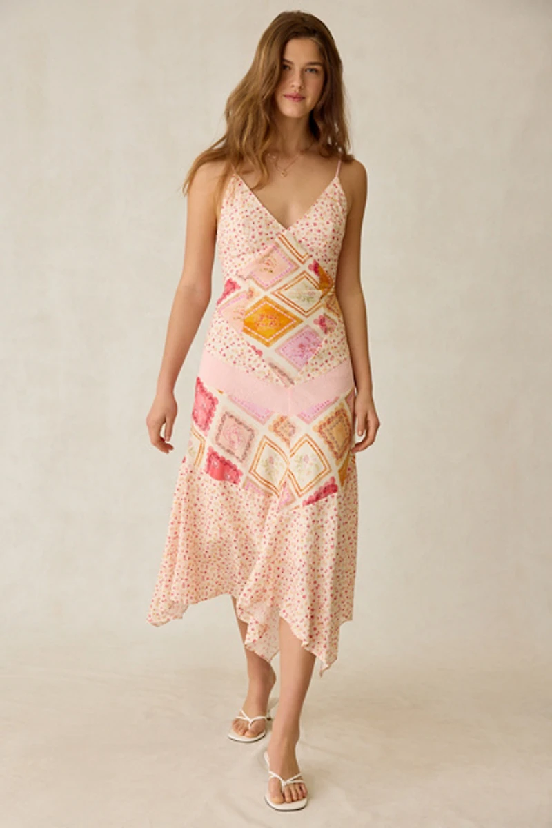 Jacquie The Label Esmeralda Patchwork Mixed Media Asymmetric Maxi Dress